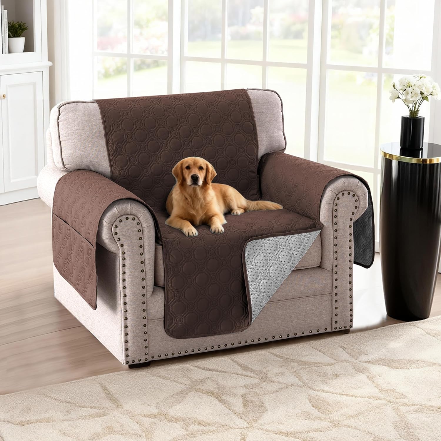 H.VERSAILTEX 100% Waterproof Couch Cover for Dogs Washable Thick Soft Chair Covers with Storage Pocket Non Slip Furniture Protector with Elastic Straps(Chair, Brown)