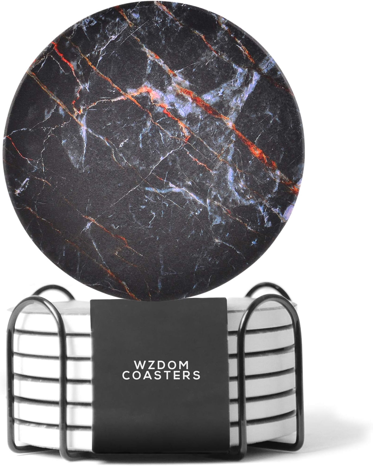 WZDOM Absorbent Ceramic Stone Drink Coasters with Holder - Housewarming Gift for Family and Friends - Stone Coasters for Drinks with Protective Cork Mat Backing - Set of 6 Black Coasters