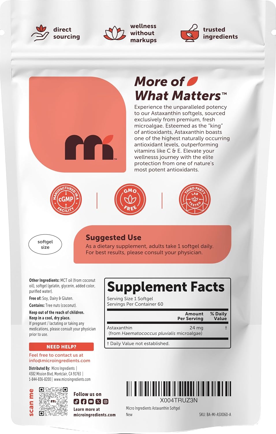 Micro Ingredients Astaxanthin 24mg with MCT Oil, 60 Softgels, 2 Month Supply | Max Strength Astaxanthin Antioxidant Supplements | Fresh Microalgae Source | Non-GMO, Gluten Free, No Soy