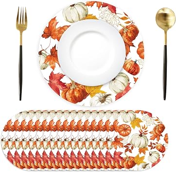 50PCS Fall Placemats Pumpkin Maple Leaves Paper Placemats Disposable 13.7 Inch Round Thanksgiving Placemats Autumn Harvest Decorative Table Mats for Farmhouse Home Party Dining Table Decor