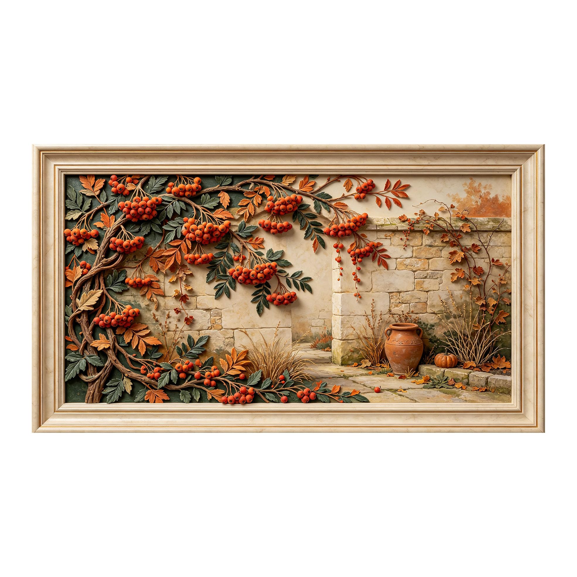 Murasolite 3D Framed Wall Art Autumn Botanical Rustic Courtyard Relief Effect SelfAdhesive Fabric Mural Wall Decor， Peel and Stick No Damage to Wall， AntiFall Safe Design for Bedroom Living Room