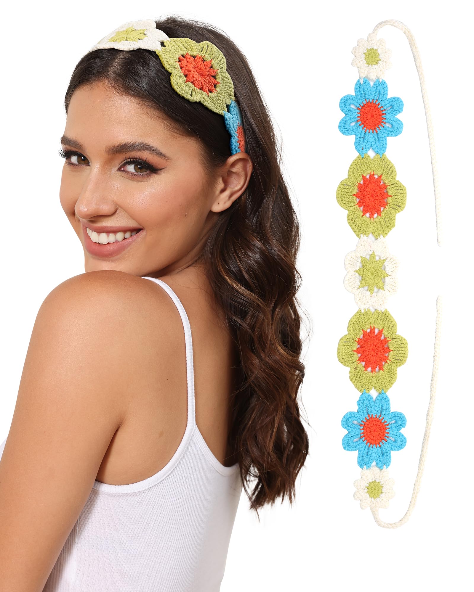 AWAYTR Crochet Headbands for Women Hippie Headband Bandana Tie-Back Knit Headband for Girls Wide Head Bands Floral Crochet Headwrap (Blue + Green)