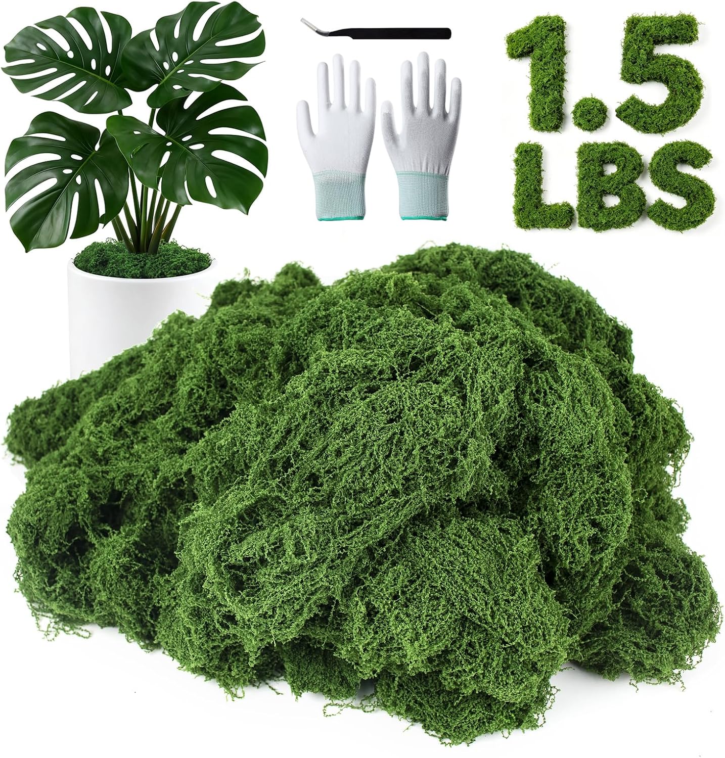 MGLIFEUL 1.5 LBS Artificial Fake Moss for Crafts Plants Indoor with Non-Stick Gloves and Tweezers，Preserved Green Plant Faux Craft Moss Musgo for Fairy Garden Outdoor Home Decorating Model Making