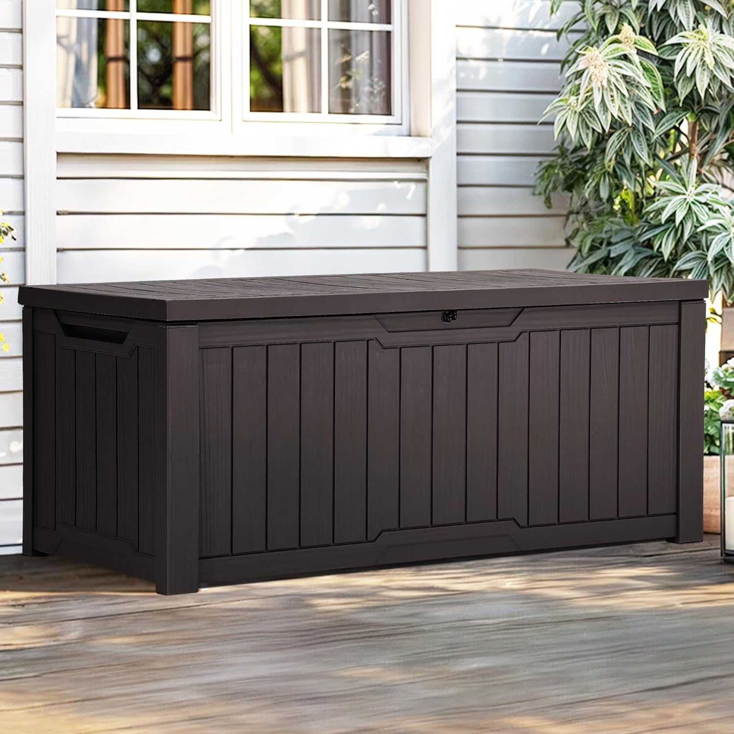 yitahome outdoor storage box, 120 gallon waterproof deck box for garden tools, patio cushions, and pool accessories, lockable, easy assembly, versatile bench or table (dark brown) deck box 120 gallon dark brown