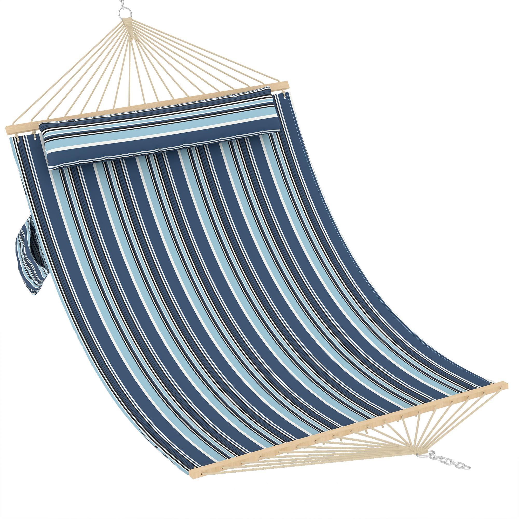 Garvee B-Dark And Light Blue Stripes Double Quilted Hammock For 2 Person, 3.5M Large Garden Hammock With Wooden Spreader Bar & Detachable Pillow, 204Kg Capacity Outdoor Swing Bed With Chains, Blue Stripes