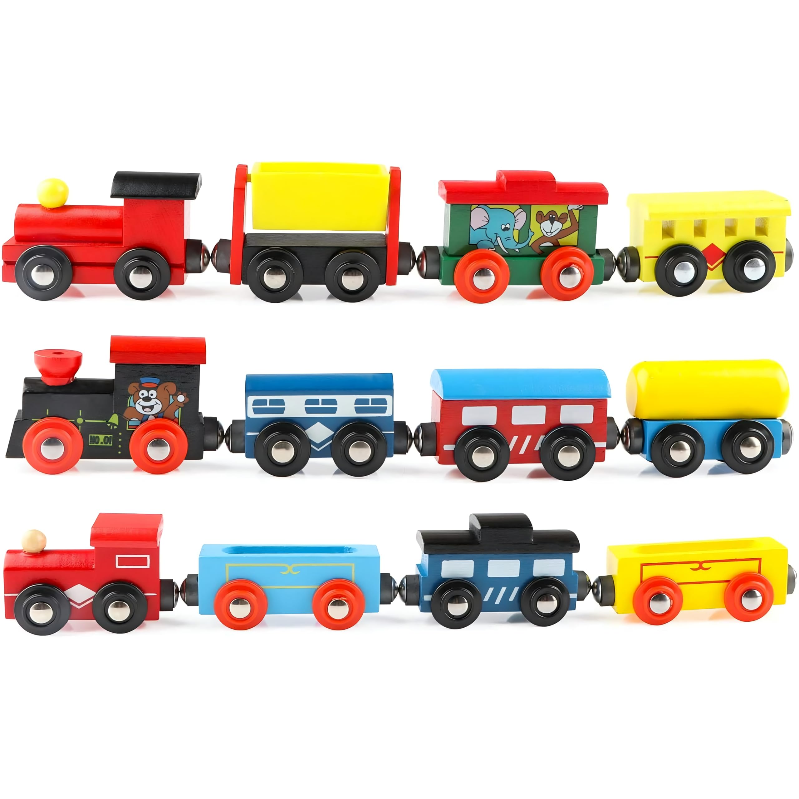 12-Piece Wooden Toy Train Set with Magnetic Pieces, 3 Engines & 9 Boggies Tracks, Storage Box Included | Toys for Toddlers Kids 3-6+ Years | Birthday Gift for Boys & Girls