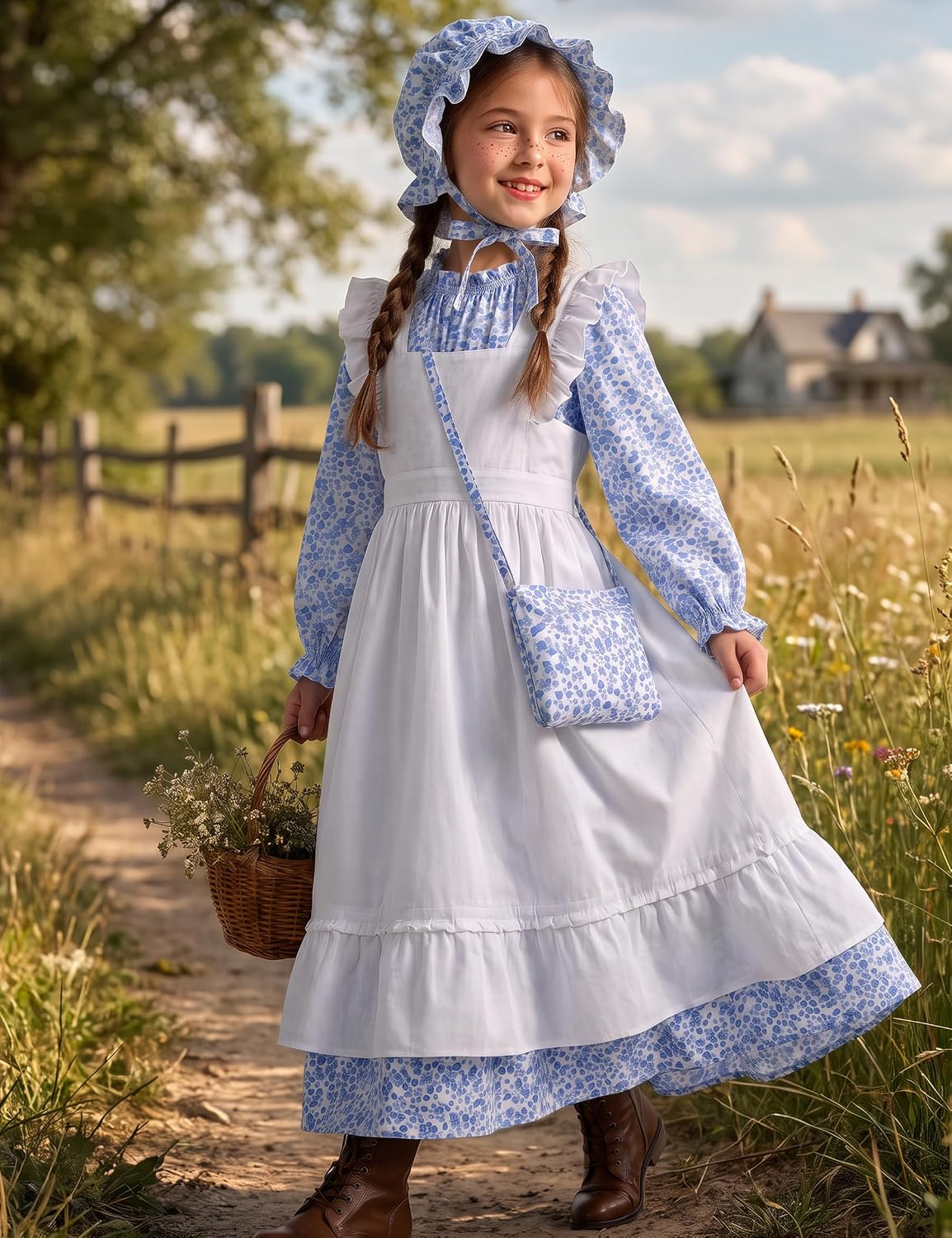 Pioneer Dresses for Girls Colonial Costume Blue 3-12 Years image 4