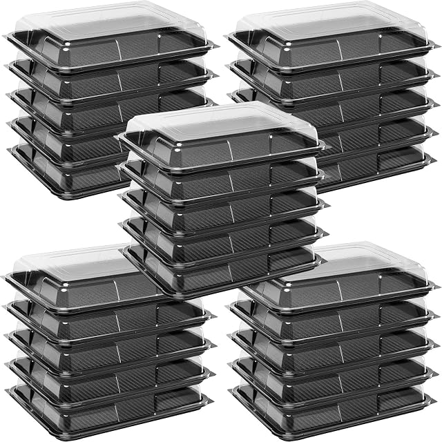 Deli Supplies Pack of 25 Medium Rectangle Food, Cake, Sandwich Platter Tray Set, Black Tray Base with Clear Lid Durable Buffet Catering Food Sandwich Trays (L390mm x W290mm x 70mm with Lids)