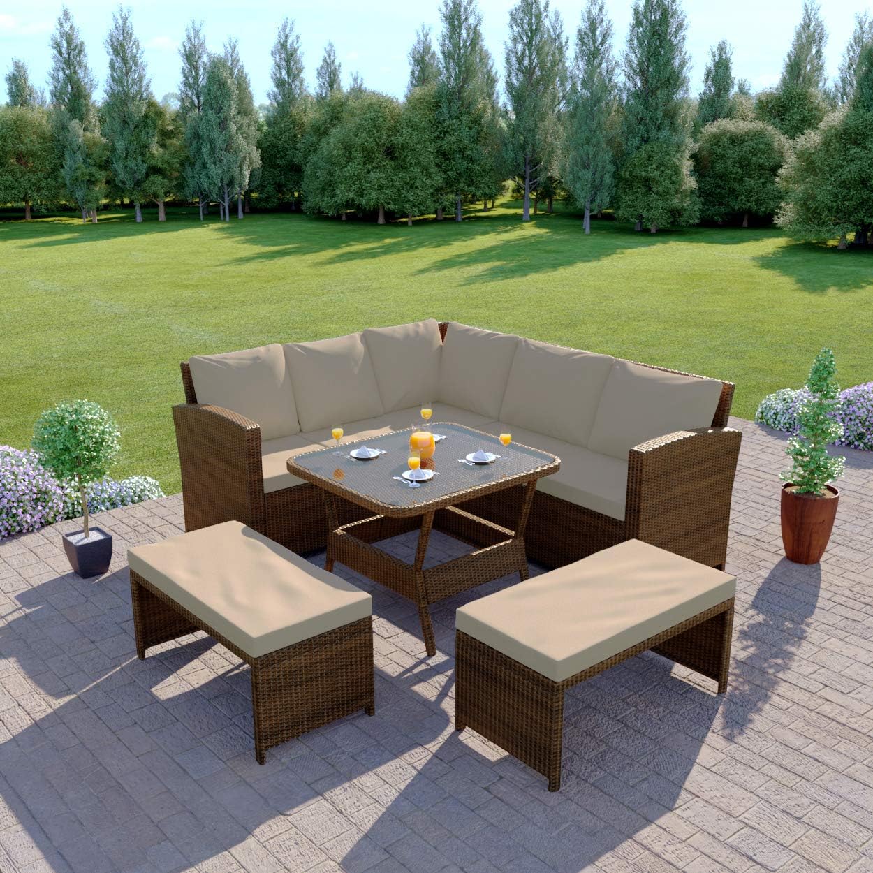 Abreo Rattan Garden Furniture Corner Dining Table Patio Set Bench Stool Grey Brown (Brown with Light Cushions)