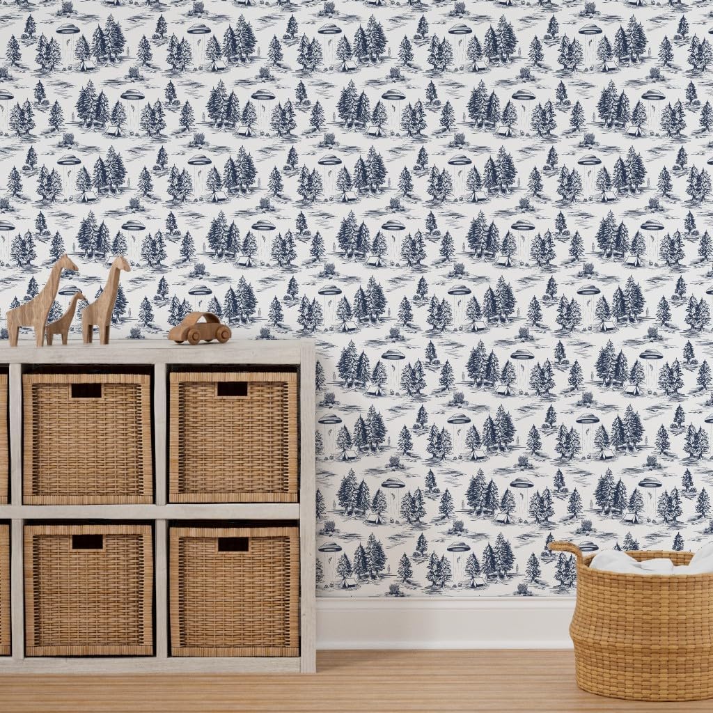 Removable Wallpaper 6ft x 2ft - UFO Toile Alien Small Scale Blue White Whimsical Space Custom Pre-Pasted Wallpaper by Spoonflower