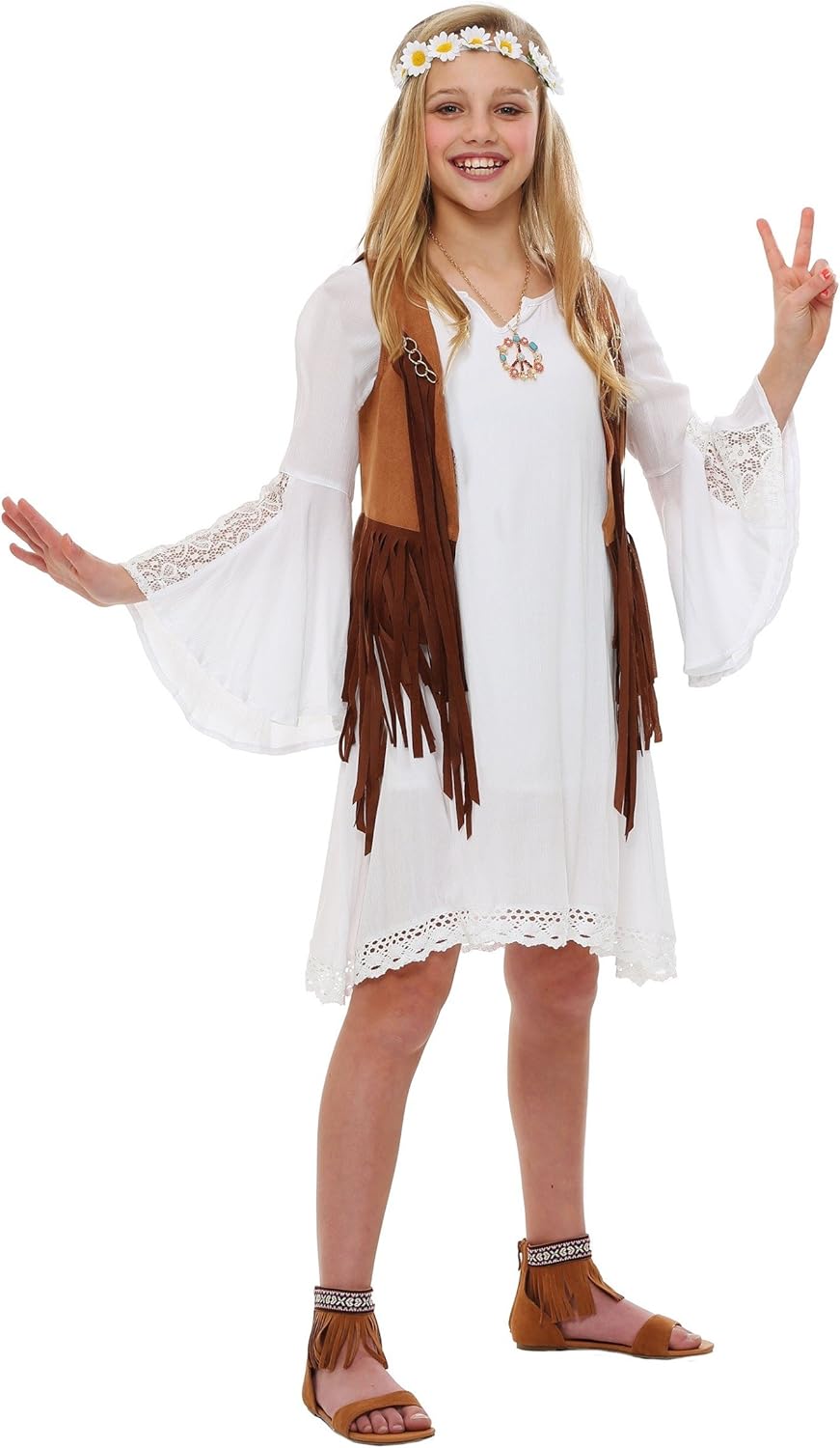 Kids Flower Child Costume, 80s Hippie Costume For Girls, 70s Outfit, Rayon Gauze, Satin & Faux Suede