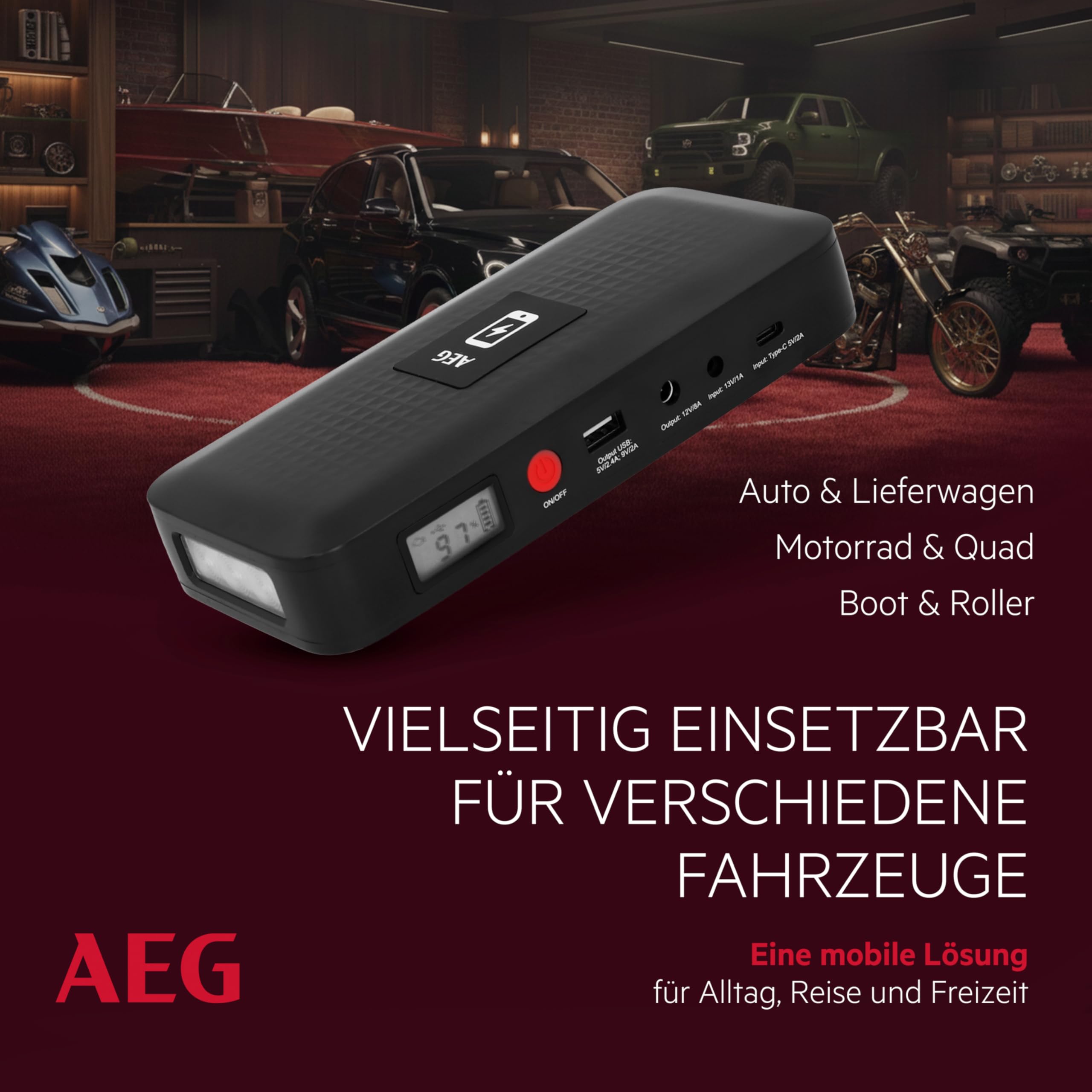 AEG Jumpstarter JS15, Auto Starthilfe, Powerbank für kabelloses Laden, mit integrierter LED-Lampe, mit Li-Ion-Akku, 400A/1500A, schwarz