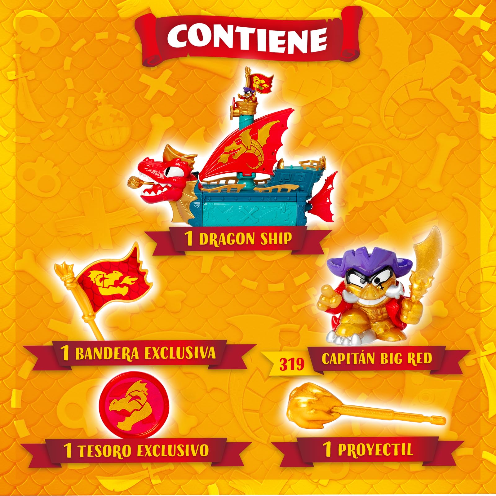 PIRATIX Dragon Ship – Barco Dragón de Piratix Todo Terreno 3 en 1: Tierra, Mar y Aire. Contiene 1 Barco Dragón, 1 Piratix Exclusivo, 1 Tesoro Exclusivo, 1 Bandera y 1 proyectil
