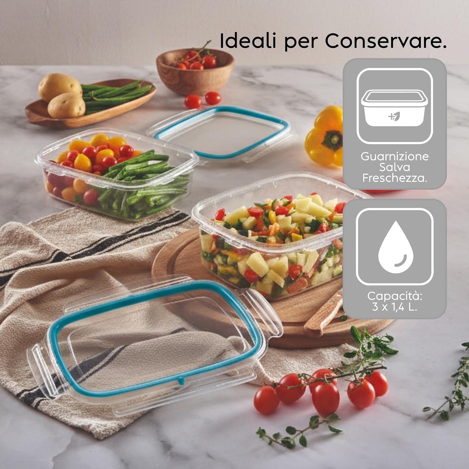 Snips Rectangular Fridge Container - 1.40 litres - Microwave Container, Set 3 pcs. - 4 Safety Locks - 23.5 x 18.5 x 11 cm - Made in Italy - 0% BPA and phthalate free