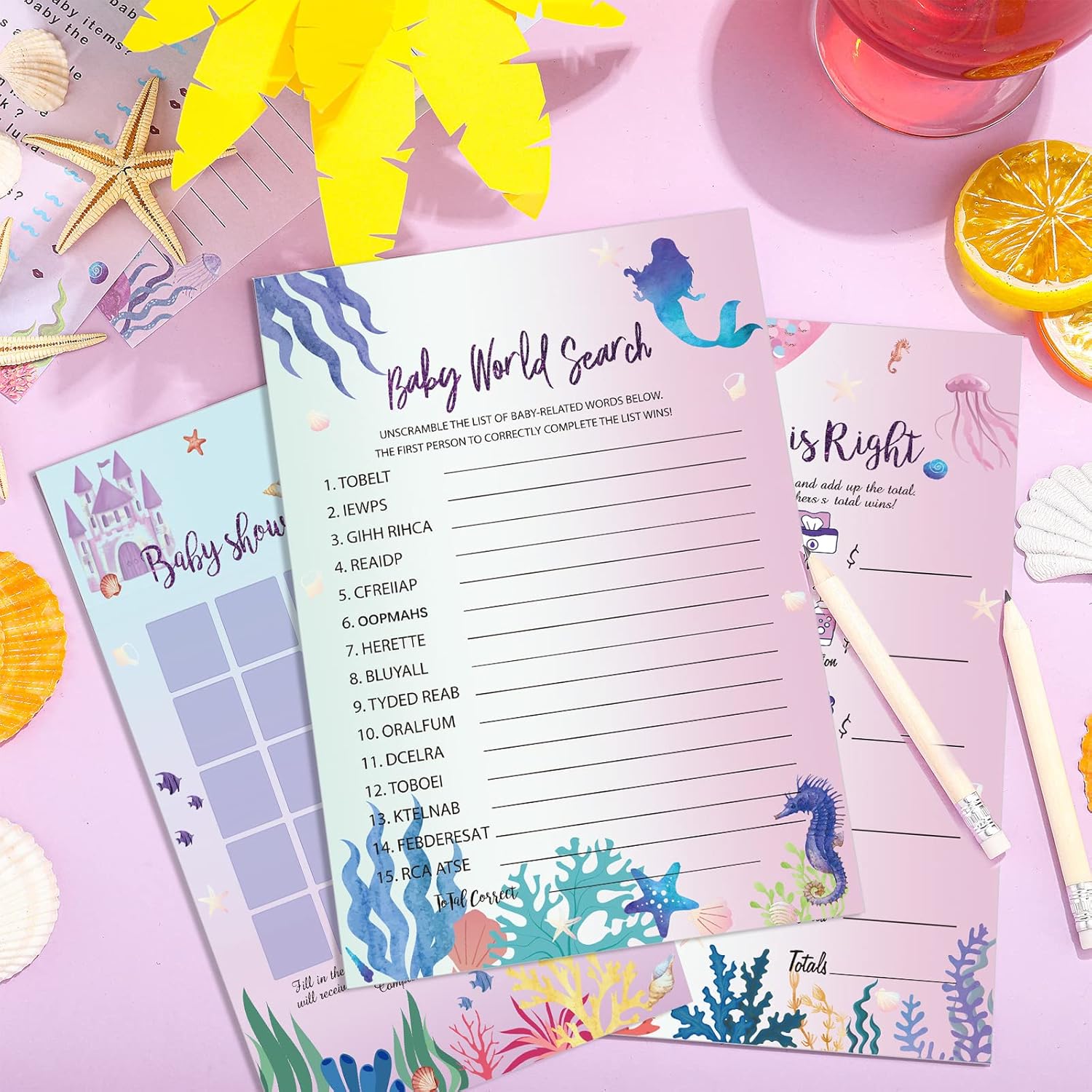 Yinder 145 Pcs Baby Shower Games Activities Cards with 20 Pencils Includes Baby Bingo Description and Wishes Guess Who Price is Right Word Scramble Game(Mermaid)