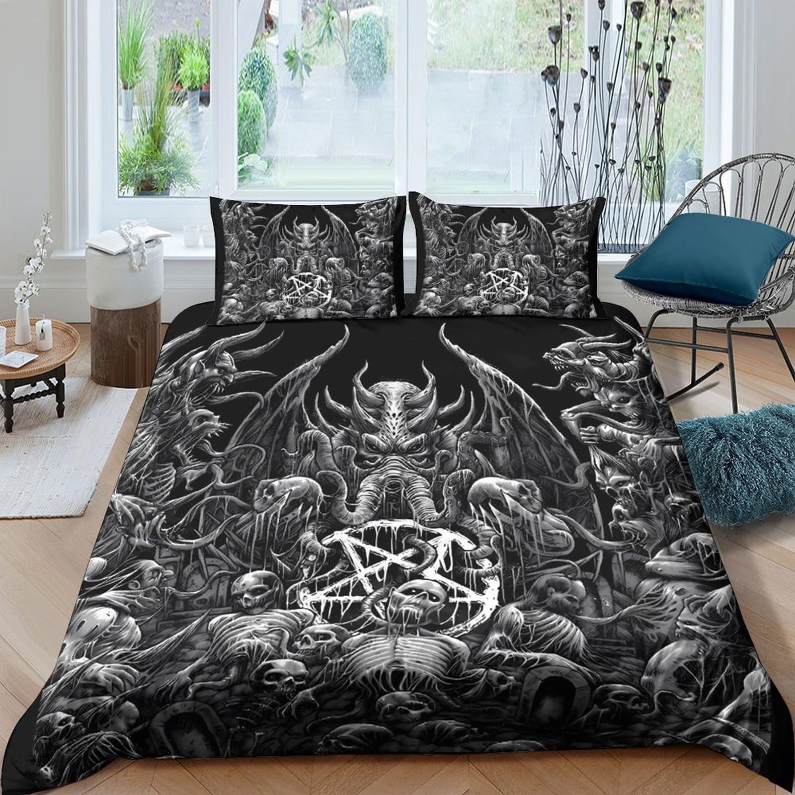 Ctjqhvkz Style-10 3D Printed Gothic Skeleton Fitted Sheet Microfiber Black Demon Mattress Cover Bedroom Decor Anti-Slip Washable Single（135X200cm）