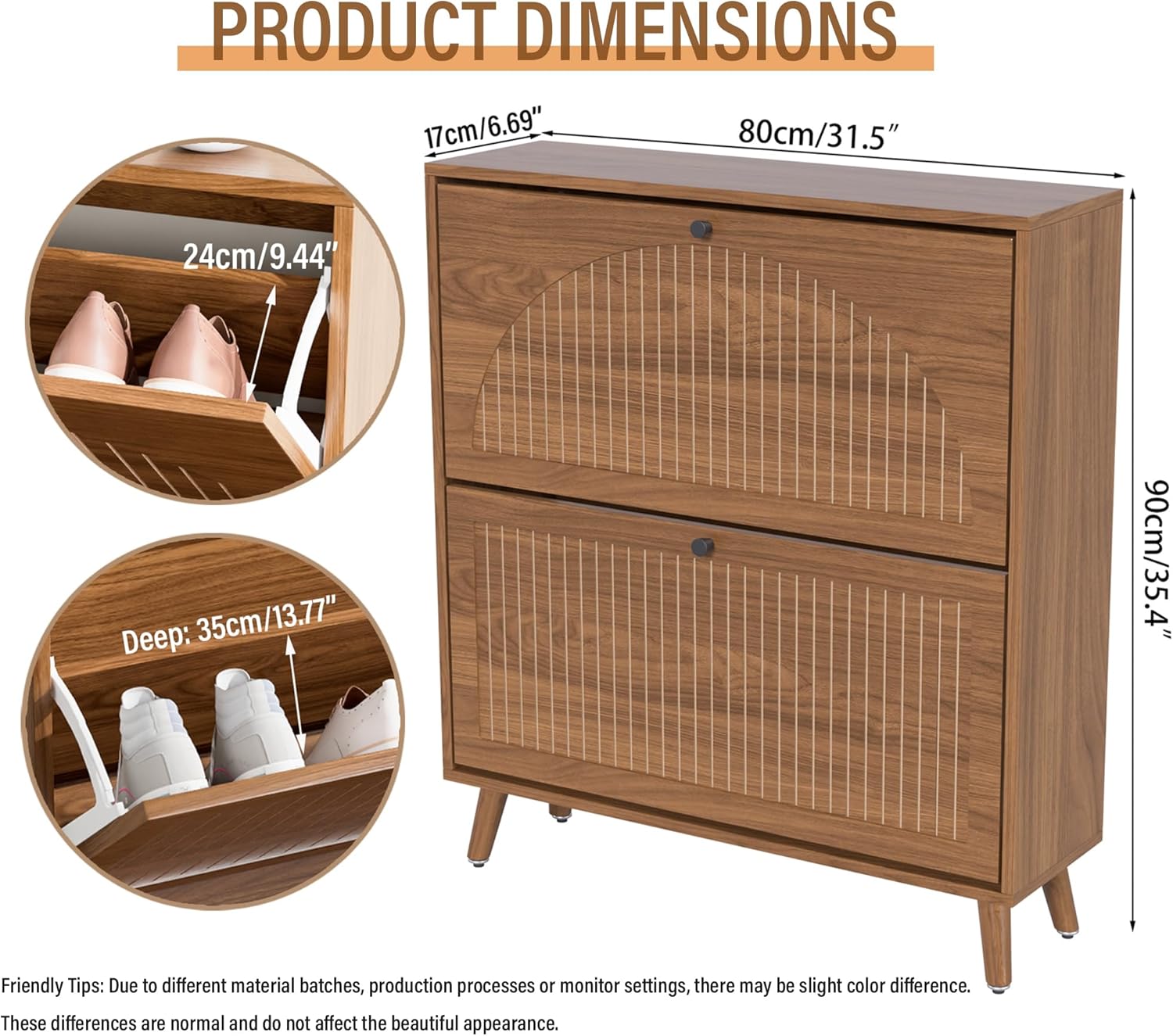 Product dimensions of the Fsbecl Shoe Storage Cabinet, showing height, width, and depth measurements.