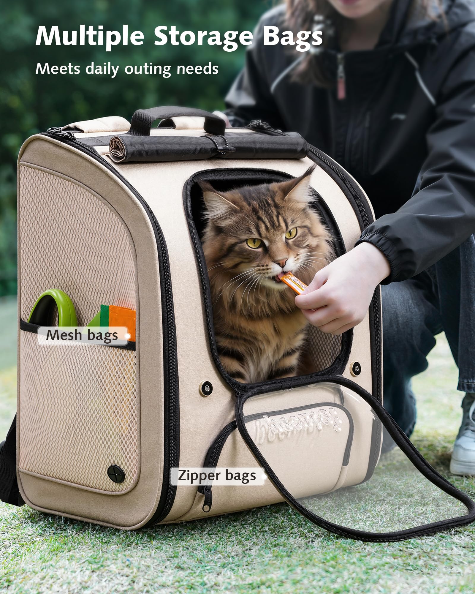 pecute Katzenrucksack Bubble Haustier Rucksack mit Netzfenster, Tragbare und Faltbare Katzentasche, Atmungsaktive und Leichte Hundetasche für Hunde Katzen Haustiere, Khaki (48 * 38 * 28cm)