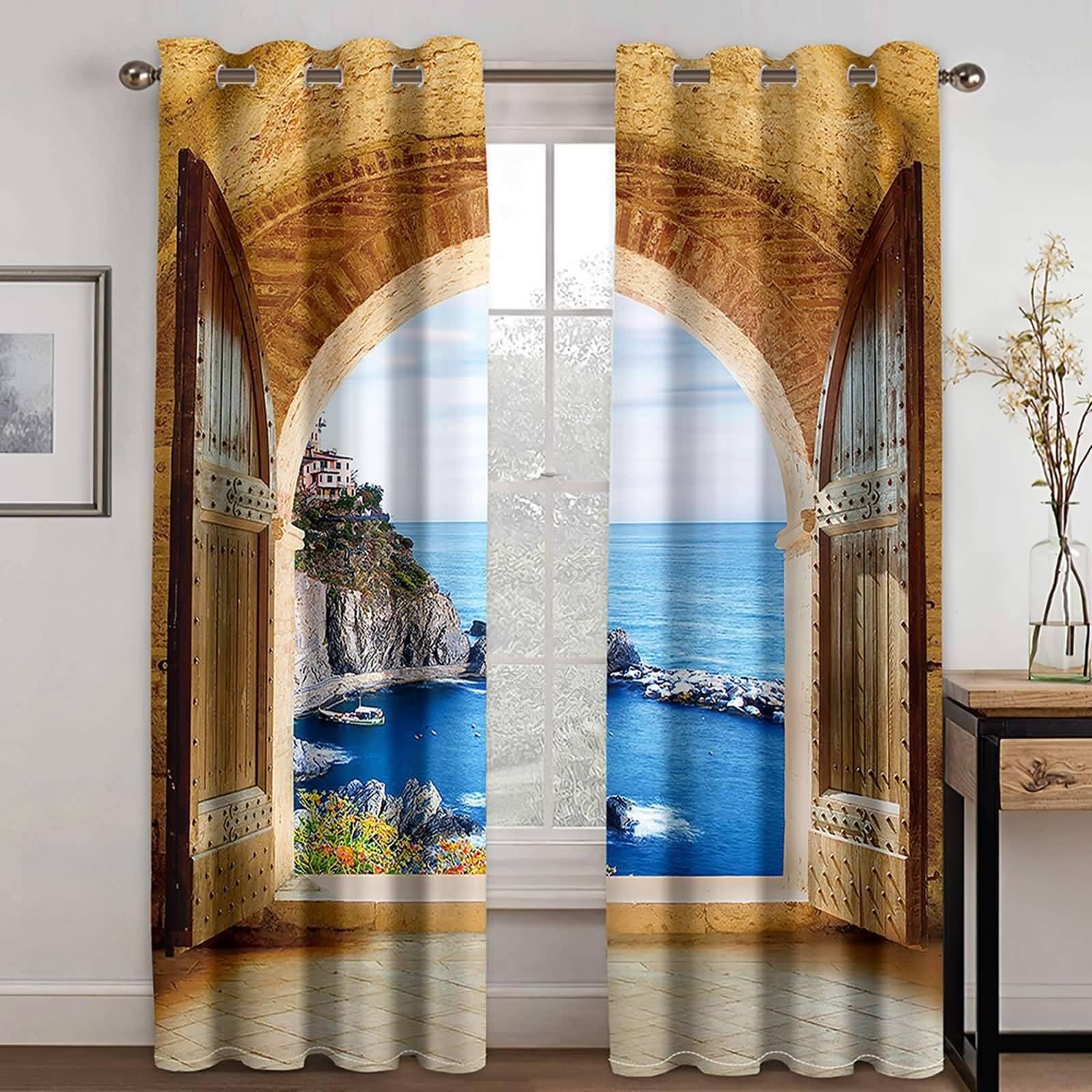 Vorhänge Schlafzimmer Modern, 96x229cm Braun Blau Holztür und Seenlandschaft Vorhang für Fensterbehandlung Wohnzimmer/Küche