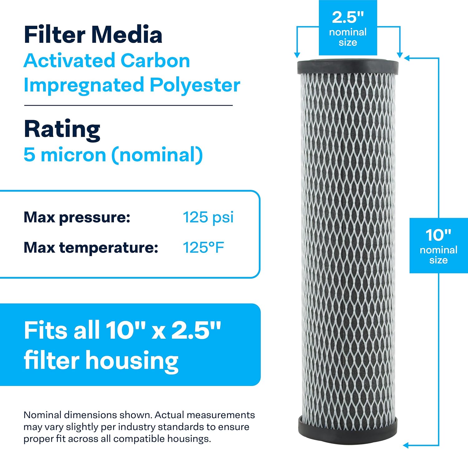 SpiroPure SP-C1 10x2.5 5 Micron Dual Purpose Sediment and Carbon Water Filter Cartridge C1 155002-43 D-10A (Case of 24)