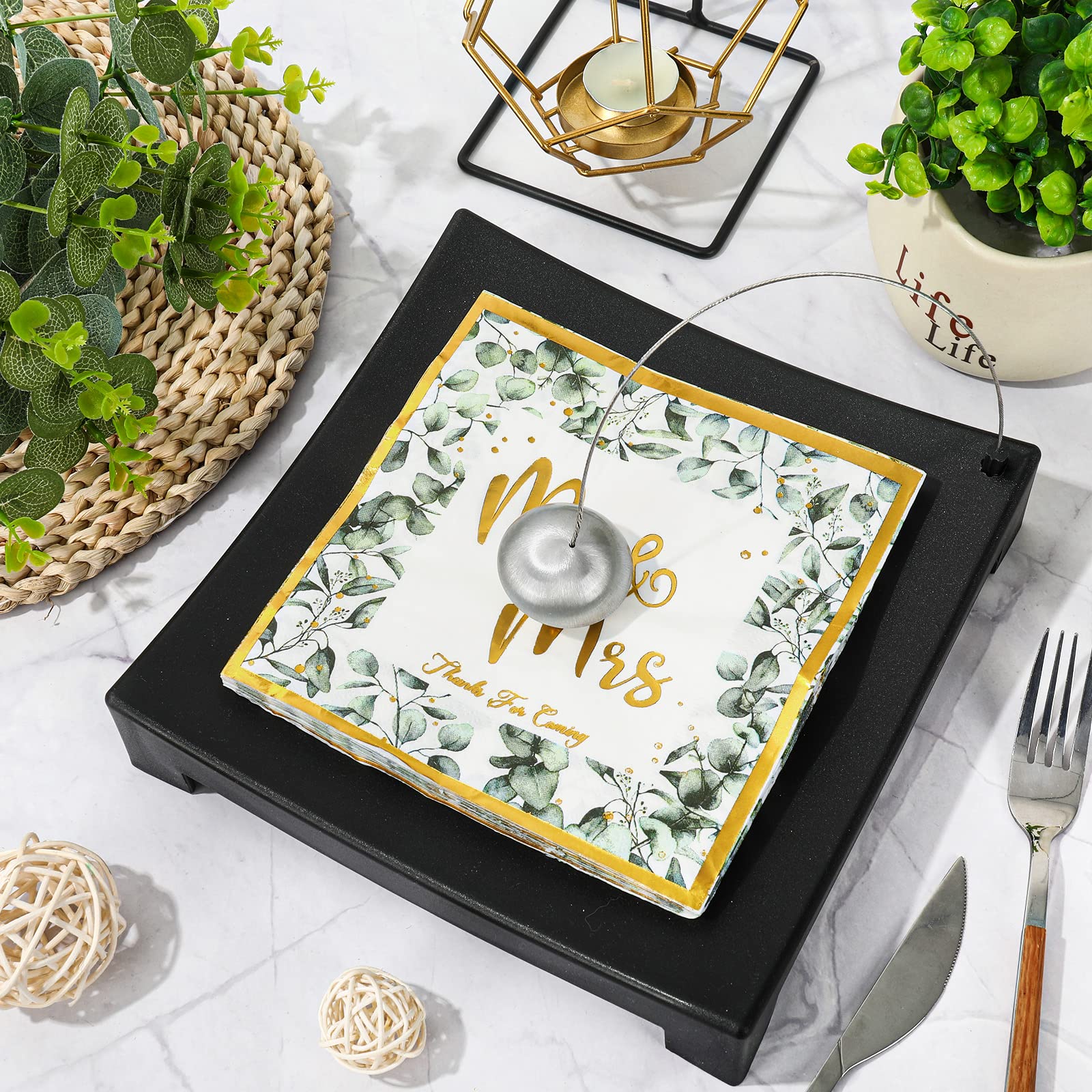 AnyDesign 100 Stück Hochzeit Servietten 16,5 cm grüne Folie Gold Mr & Mrs Luncheon Servietten Eukalyptus Blätter Einweg Dekorative Abendessen Papierservietten für Brautdusche Verlobung Hochzeit Party