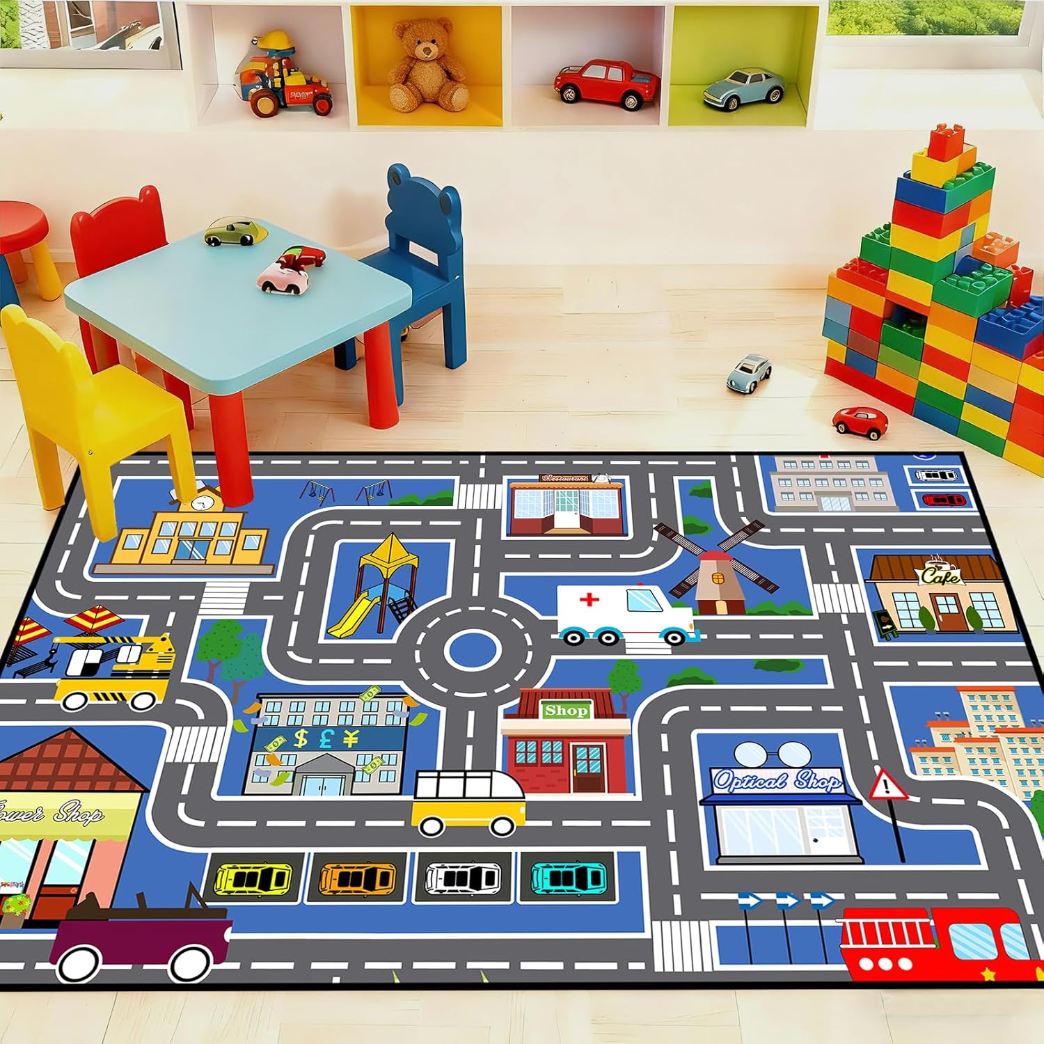 5x7 ft Kids Car Rug - Large Blue Traffic Road Play Mat for Cars, Educational City Play Carpet for Playroom, Nursery & Bedroom Decor