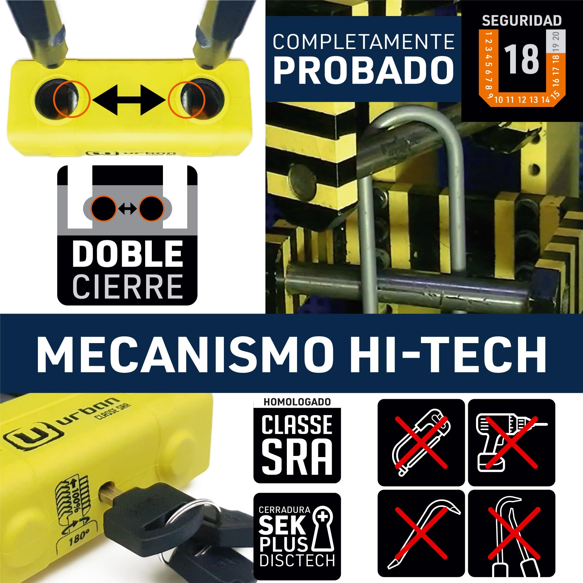 URBAN UR75+10.120L Candado Cadena Moto ø10 con Anilla + Bloqueo Disco Mini U Alta Seguridad Homologado Classe SRA, 120cm Mayor Distancia, Antirrobo Multifunción para Anclaje, Motocicleta, Parking