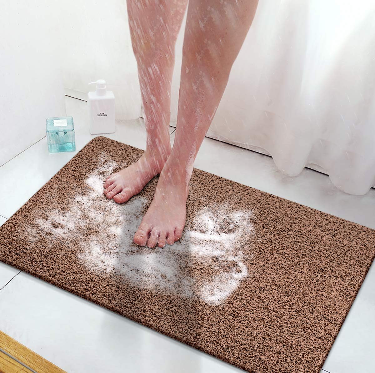 Bligli Loofah Mat for Shower, Non Slip Bath Tub Mat for Textured Bathtub, 32x16 Inch PVC Quick Drying Soft Comfort Bathroom Mats for Wet Areas or Floor, Brown