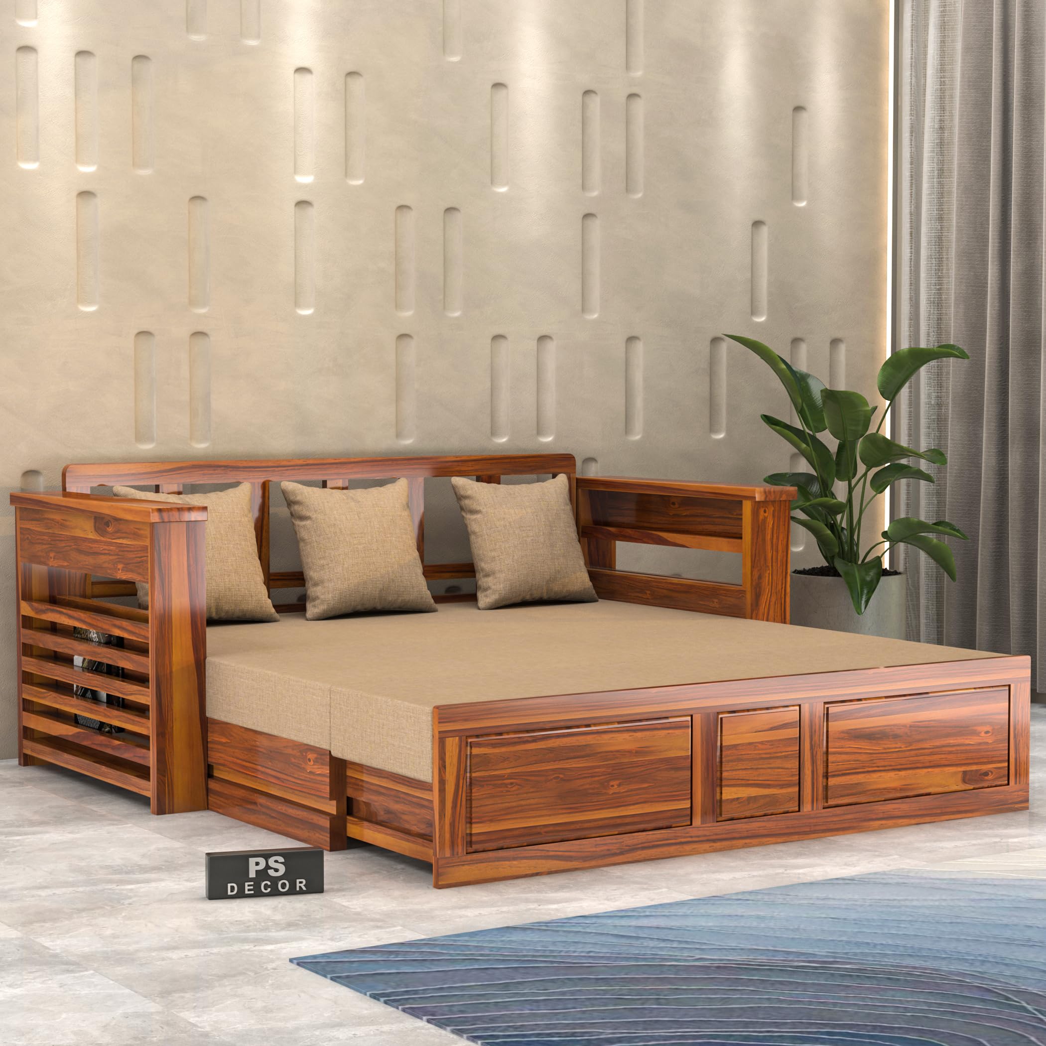 Solid Wood Foster 3 Seater Sofa Cum Bed for Living Room | Three Seater Queen Size Sofa Bed for Home | Sofa Com Bed | Sheesham Wood Teak Brown Finish-image-6