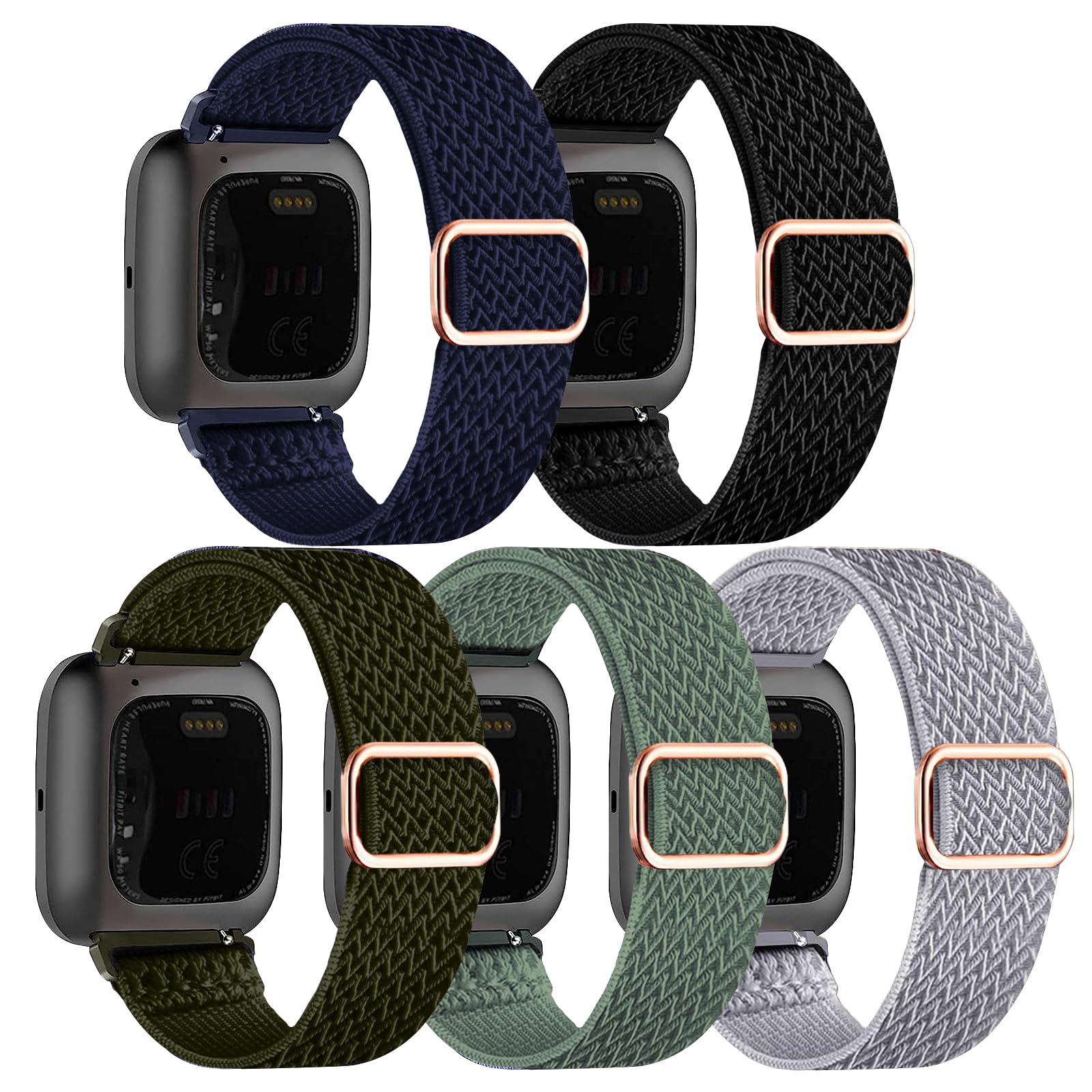 Chinbersky 5 Stück Armband Kompatibel mit Fitbit Versa 2/Versa/Versa Lite/SE für Frauen Männer, Verstellbares Dehnbares Nylon Sport Ersatzband
