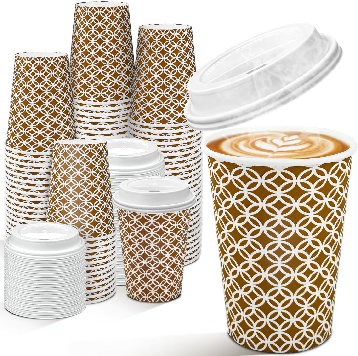 Ginkgo 100 Pack Disposable Coffee Cups with Lids 12 oz, Minimalist Pattern To Go Paper Coffee Cups, Hot Chocolate CoCoa Cups Suitable for Travel, Party, Shops Cafes and Daily use
