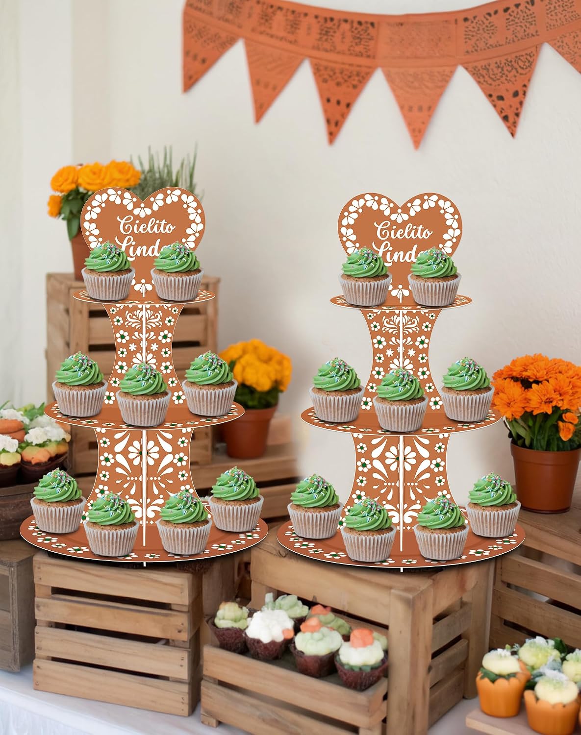 2 PCS Cielito Lindo Terracotta Cupcake Stand, 3 Tier Mexican Papel Picado Cupcake Dessert Tower for Birthday Baby Shower Cinco de Mayo Fiesta