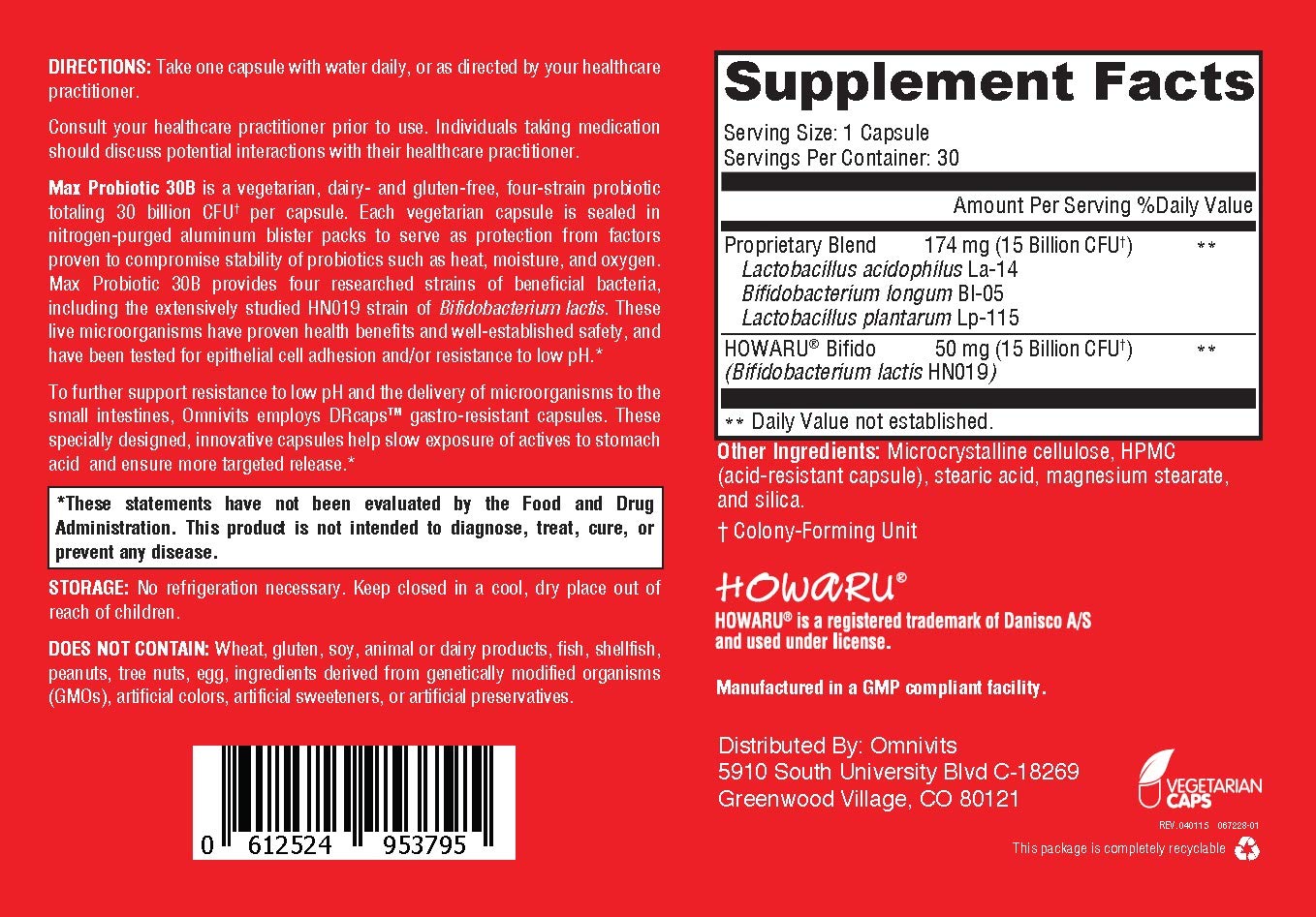 Omnivits Max Probiotic Daily 30 Billion CFU 4 Strains Lactobacillus Acidophilus Bifidobacterium