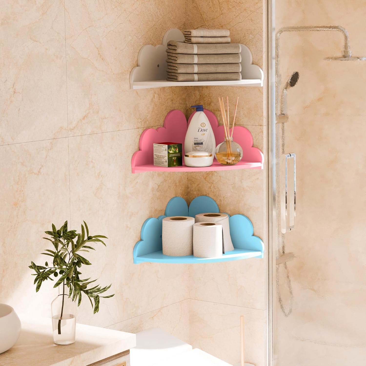 Cloud Floating Corner Shelves - Set of 3 Wood Corner Shelf Wall Mounted, White Nursery Wall Decor, Small Cute Display Shelf for Kid's Room Bedroom Living Room Bathroom