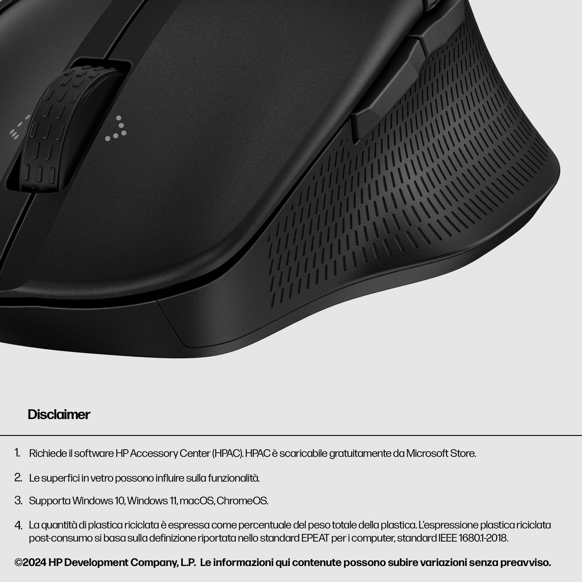 HP 480 Mouse Comfort, Connessione Bluetooth 5.3, Sensore Ottico da 4000 DPI, 6 Pulsanti Programmabili, Rotella Inclinabile, Durata Batteria fino a 10 Mesi, Windows 10, 11 e macOS, Nero