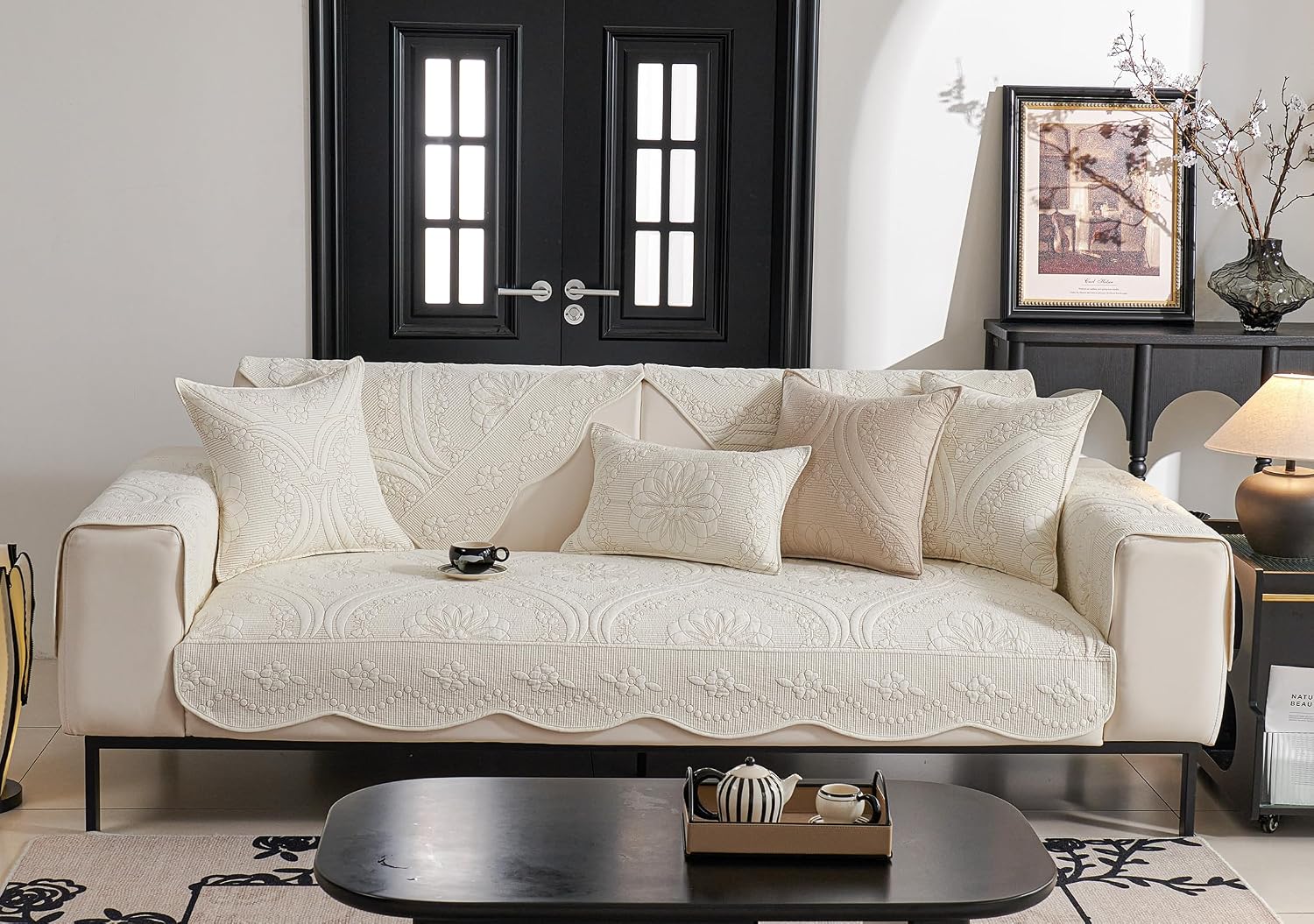 Farmhouse Cotton Embroidery Sofa Cover Super Soft Washable Floral Quilted Sectional Couch Cover with Wave Edge Anti-Slip Sofa Slipcovers Furniture Protector for Dogs Cats Pet (Beige,28"x82")