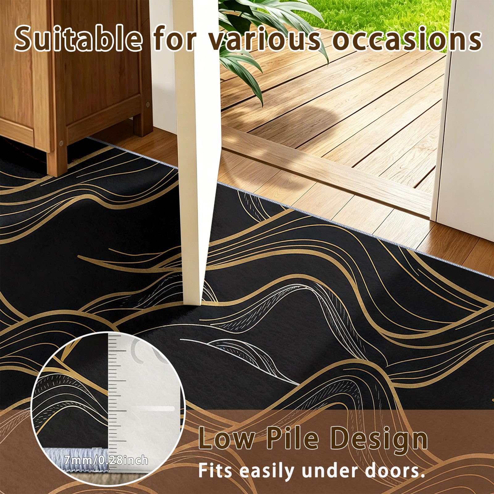 Tapis Salon Moderne Luxueux 160 x 230 cm, Montagnes Géométrique Motifs Ondulés Lignes Lavable en Machine Tapis, Noir AntidéRapant Poil Ras Moquette pour Chambre Salle a Manger Descente Bureau Cuisine