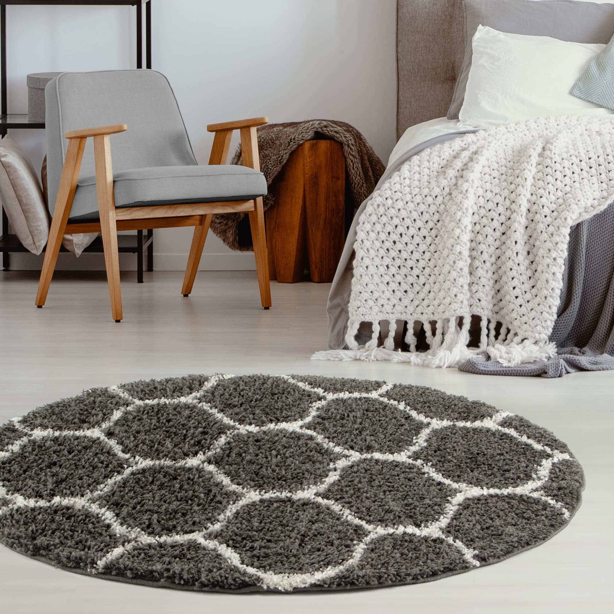 The Rugs Unisex Dark Grey Soft Trellis Shaggy Rugs & Runners Living Room | Size: 120 Cm Diameter