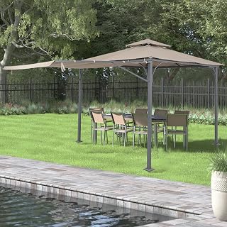GLANZEND Outdoor Patio 9.8 x 9.8 Ft Gazebo Canopy with Extended Side Shed UV Resistance Awning and LED Light Double Vented Waterproof Roof, for Backyard, Poolside and Deck, Garden, Brown
