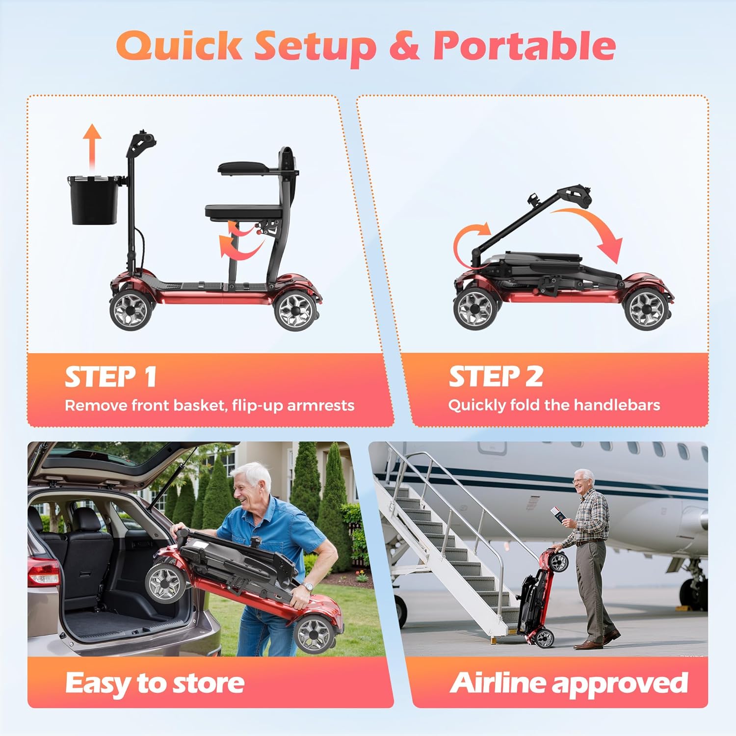 Lightweight Mobility Scooter for Adults & Seniors - Cruise & Airport Approved, 43lb Foldable Portable Motorized Scooters with Removable Lithium Battery for 12.4 Miles Travel, 300lb Capacity, Red - Image 4