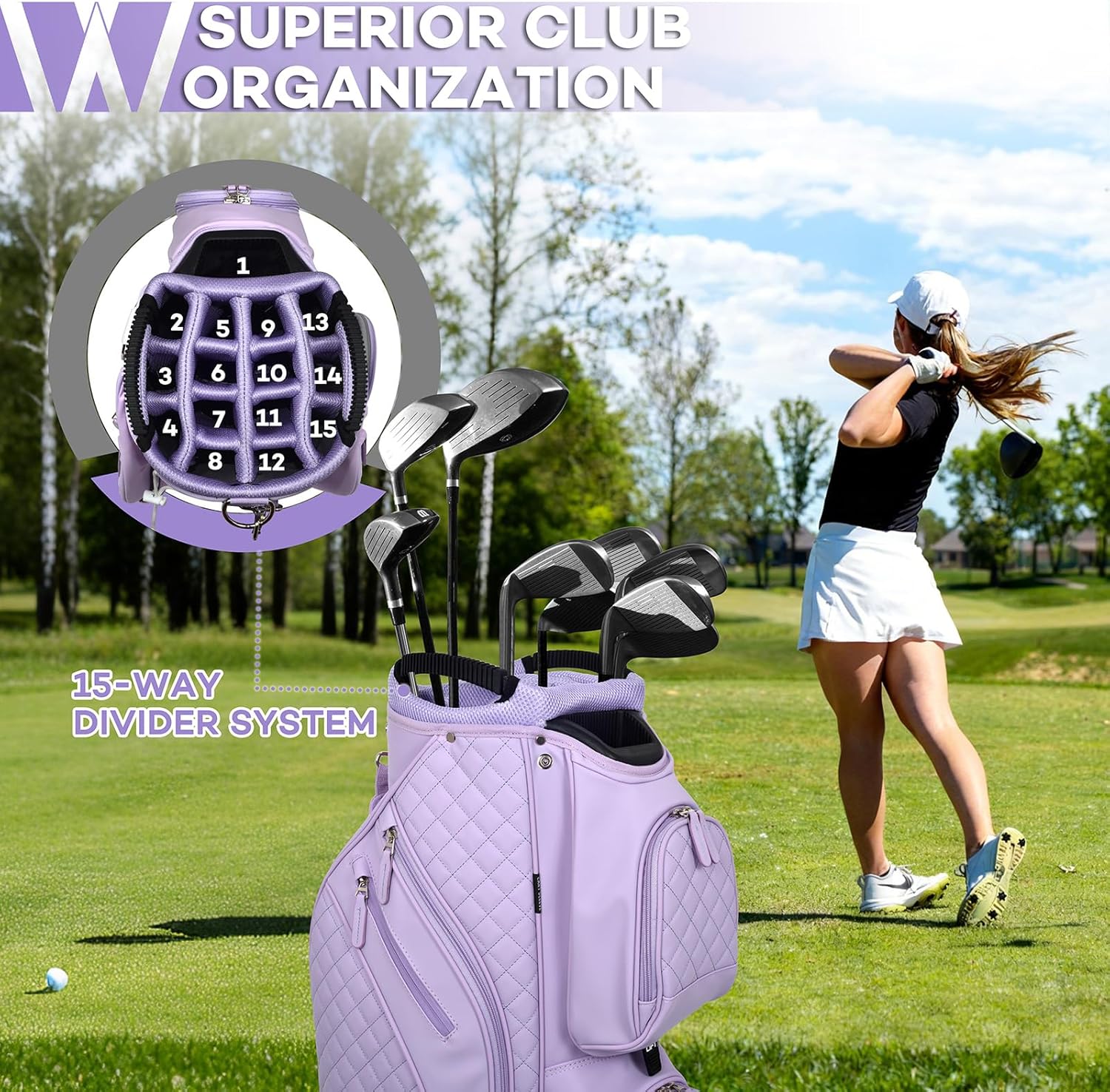 Luxury Womens Golf Bag, PU Leather Golf Cart Bag with Dual Handles for Women/Ladies, 14-Way Full-Length Top Dividers, Large Putter Well, Ultra Lightweight, Large Pockets for Accessories