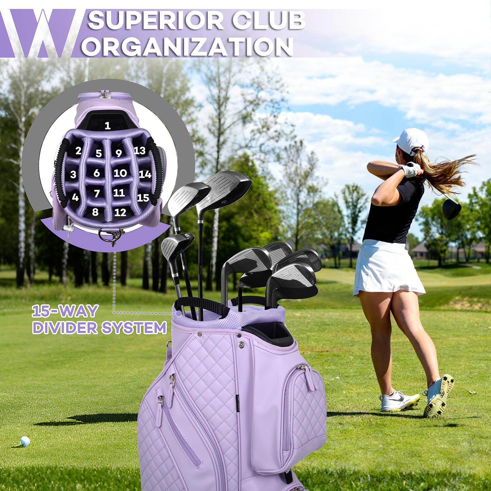 Luxuriöse Damen-Golftasche, PU-Leder, Golfwagentasche mit zwei Griffen für Damen/Damen, 14-Wege-Trennwände, große Putterbrunnen, ultraleicht, große Taschen für Zubehör