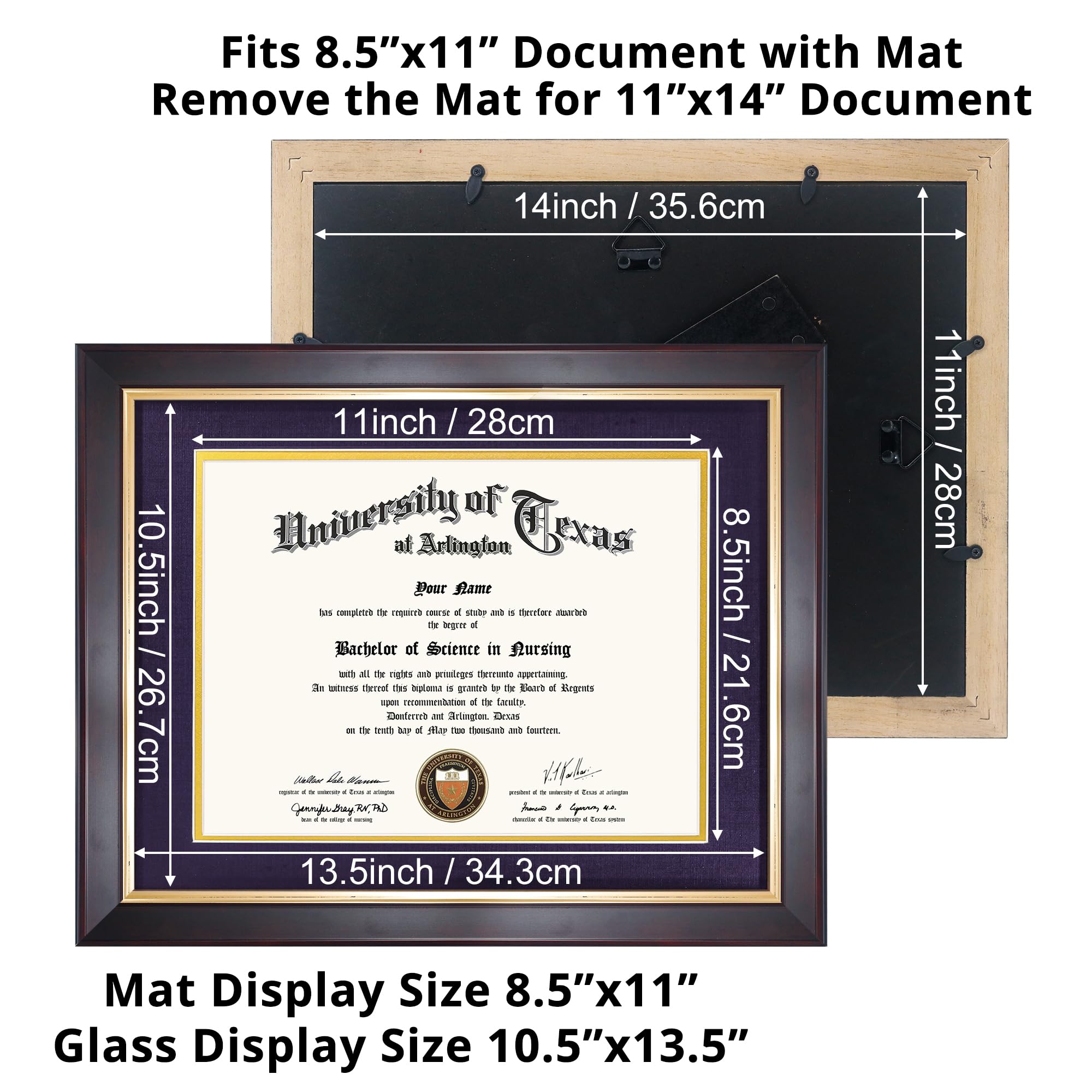 GMFrames Drewniana ramka dyplomowa 8,5 x 11 z fioletową matą lub wyświetlaczem certyfikaty 11 x 14 bez maty, szkło hartowane, ciemnobrązowe wykończenie ze złotym wykończeniem