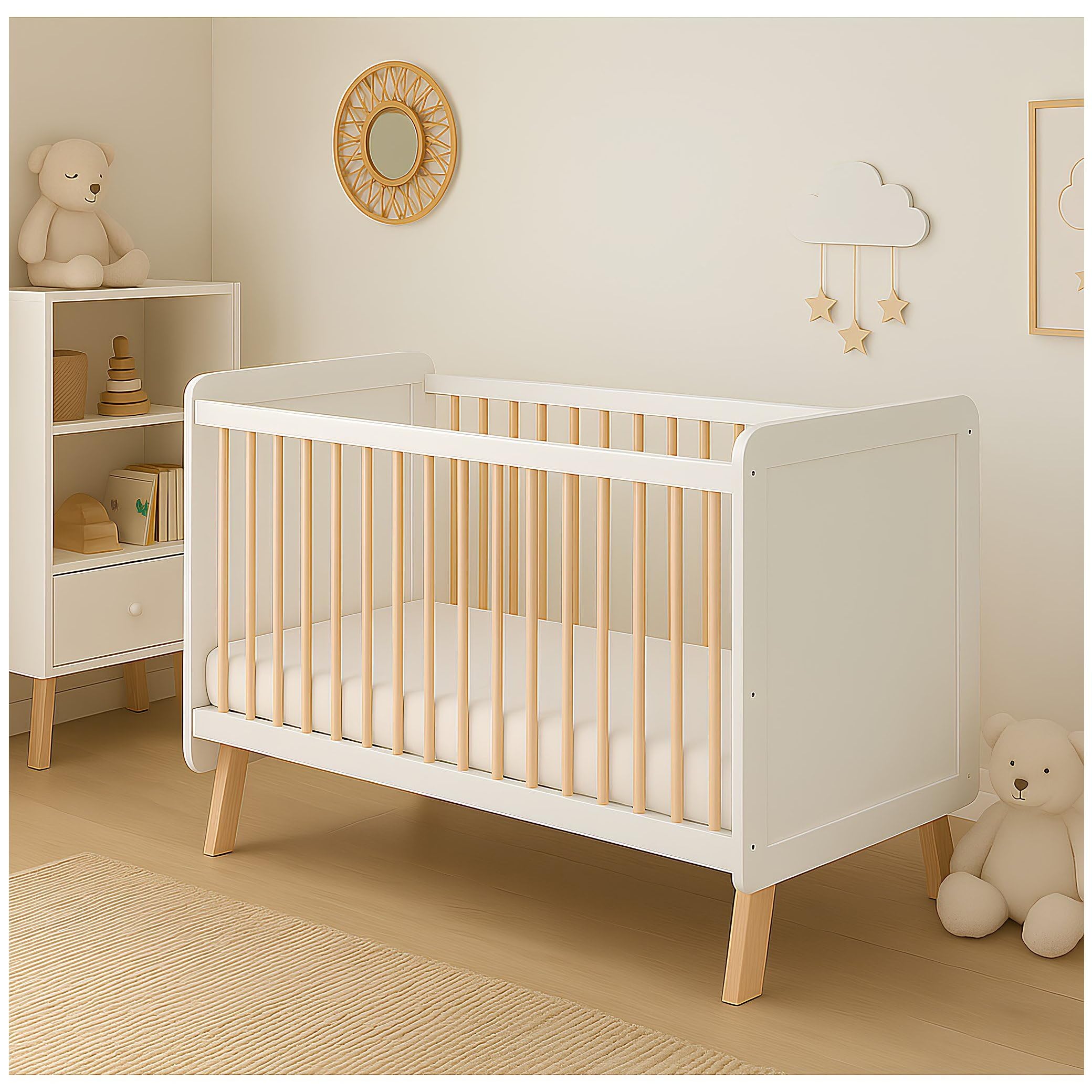 Generisch Baby Delux Babybett 60x120 Kinderbett umbaubar zum Juniorbett weiß höhenverstellbar mit Schlupfsprossen (Lou weiß Kiefer)