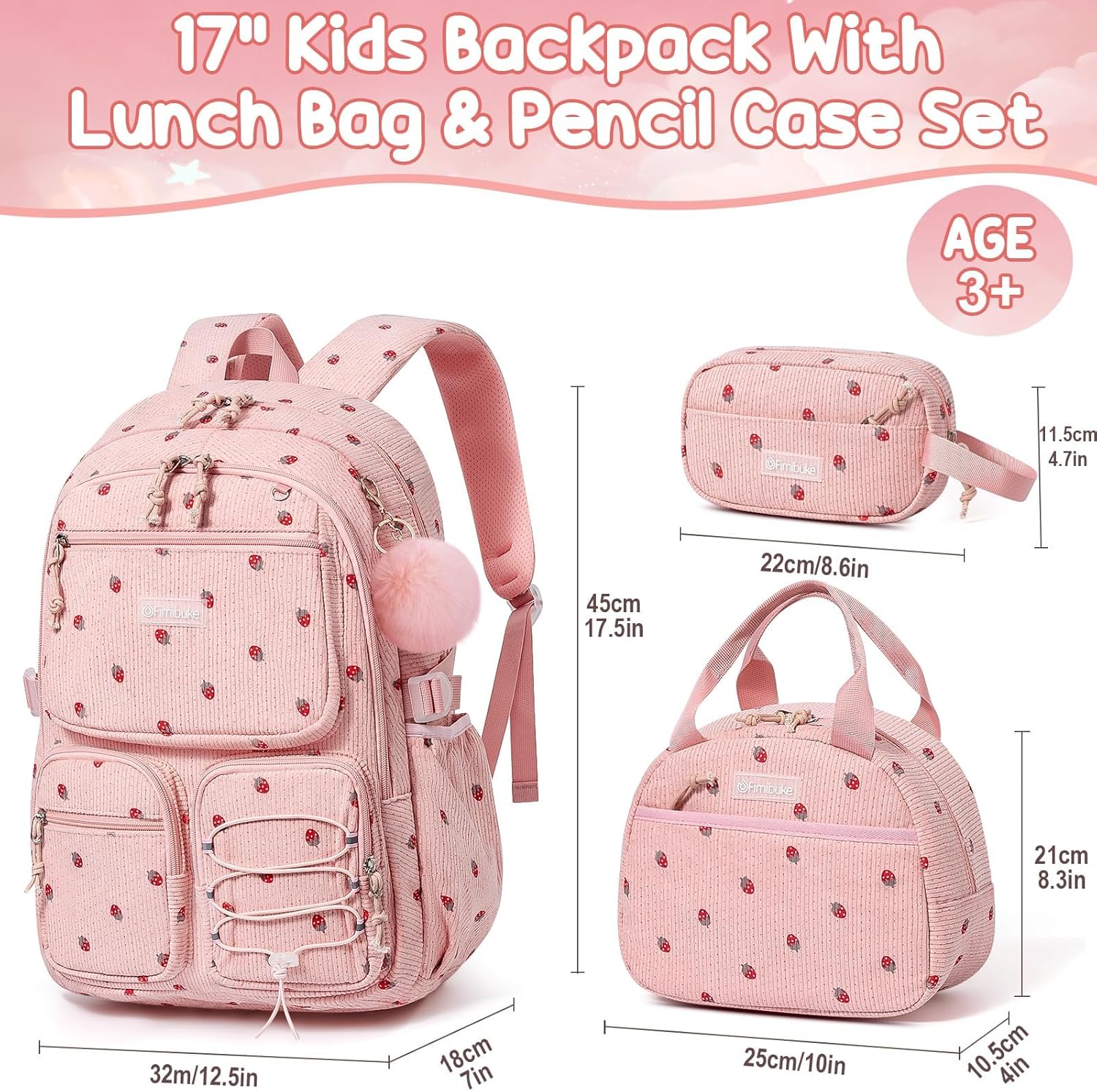 Fimibuke School Backpack for Girls Boys - 3PCS Corduroy Kids Backpack Set with Lunch Box & Pencil Pouch, Lightweight Teen Girls School Bag Laptop Bag Travel Daypack for Elementary Middle High School - Image 2