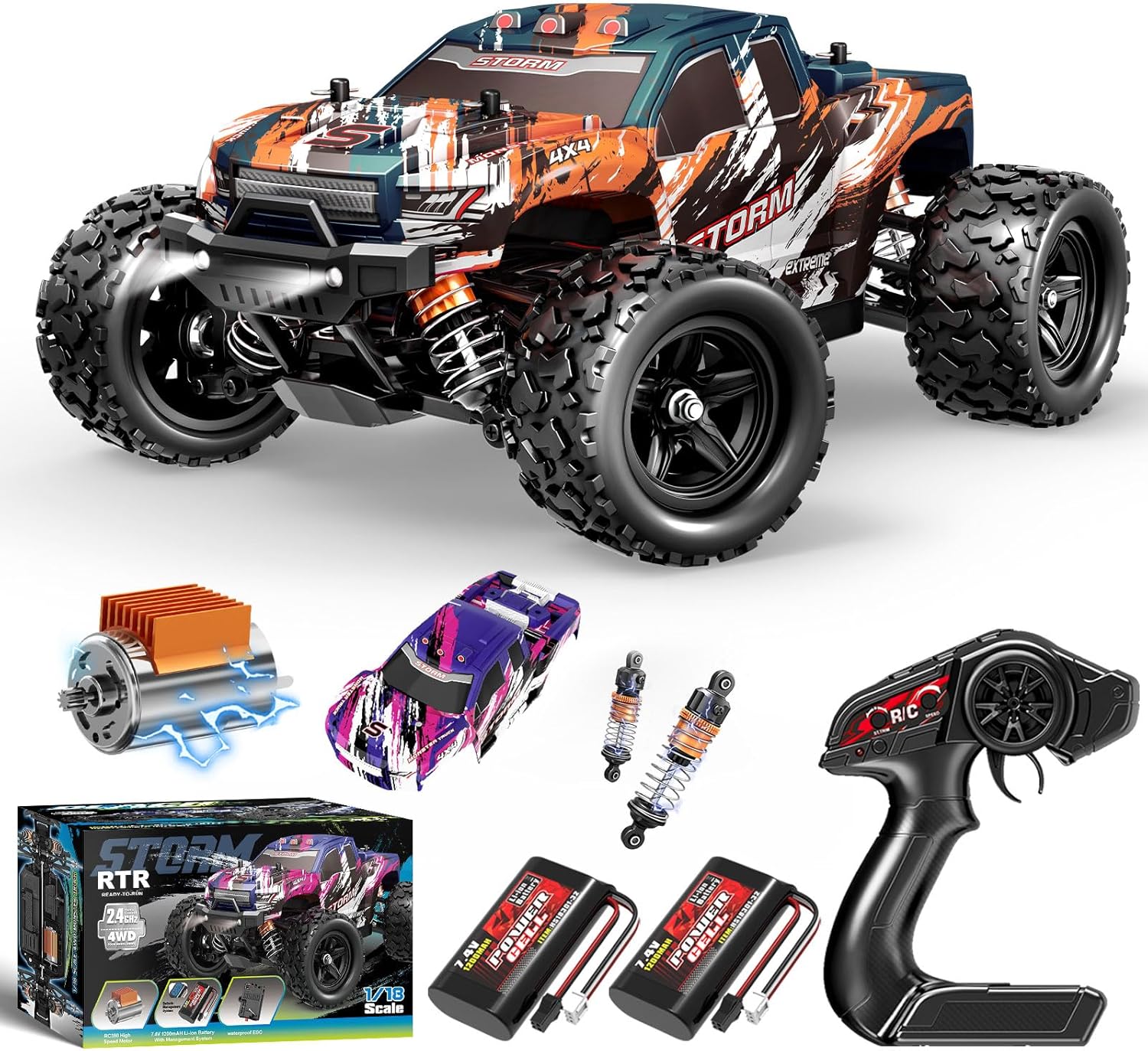 YESHIN 1:18 Scale All Terrain RC Car, 40 KPH High Speed 4WD Electric Vehicle with 2.4 GHz Remote Control, 4X4 Waterproof Off-Road Truck with Two Rechargeable Batteries Two Shells