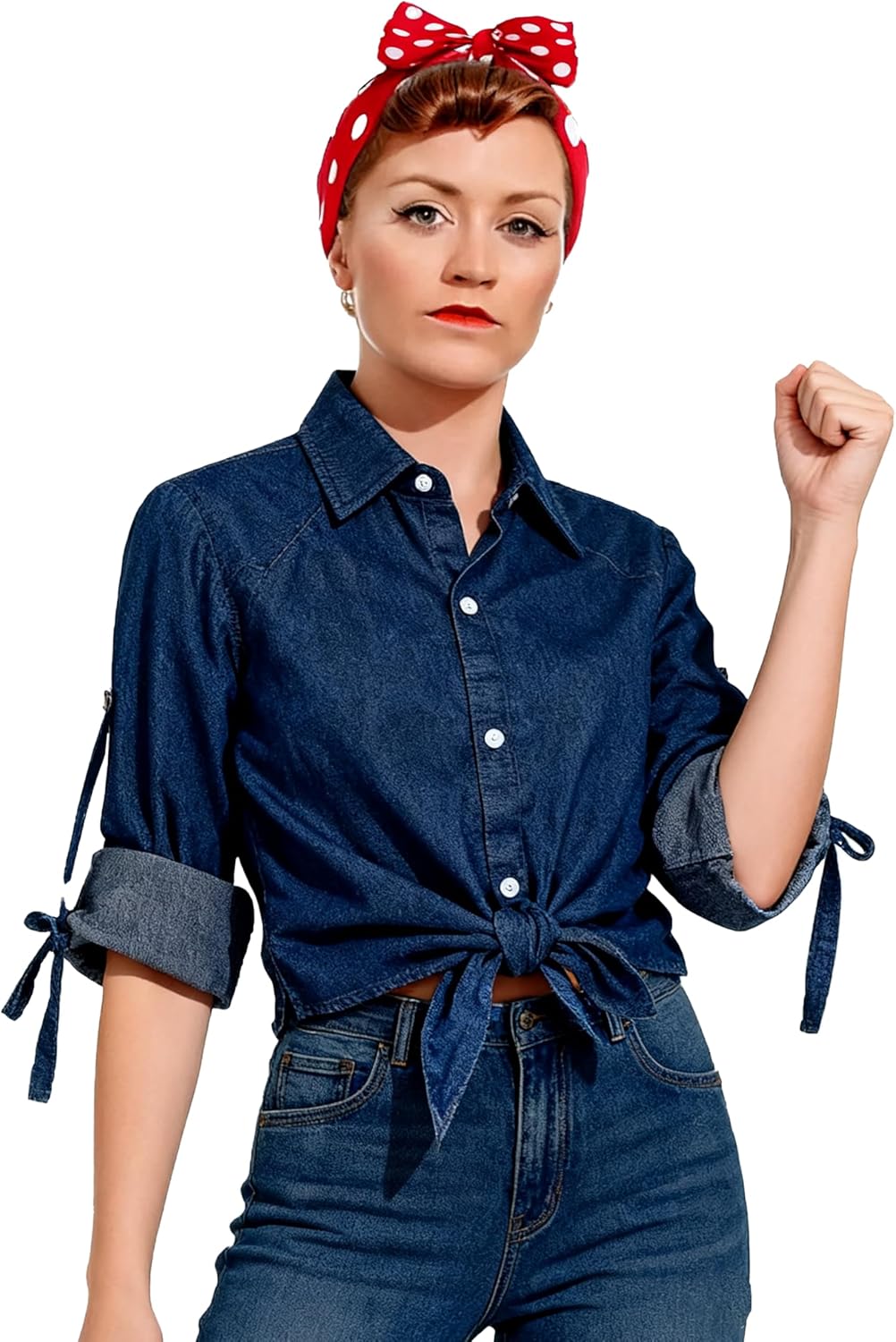 Women's Denim Crop Top with Red Polka Dot Bow Headbands, Halloween Costume, Cosplay Outfit