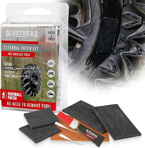 GlueTread Kit de parches externos – para neumáticos sin cámara – No es necesario quitar el neumático – El kit incluye suficiente material para