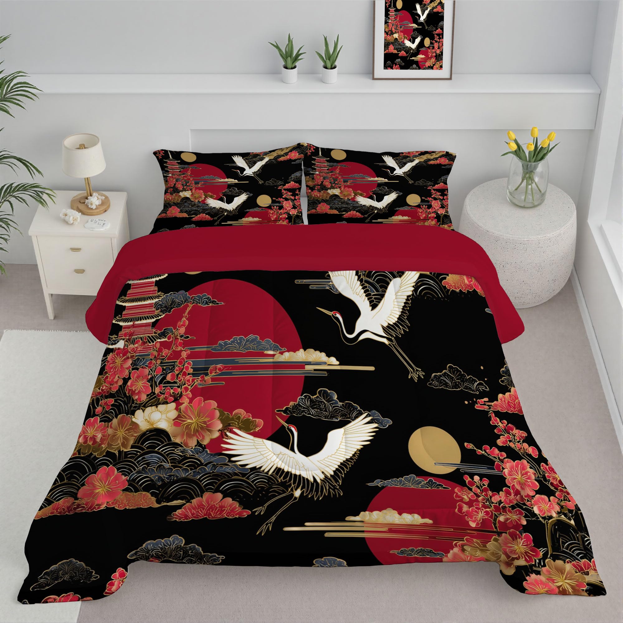 Edredón Nórdico Grullas Y Flores De Cerezo Cama 105 Edredón Reversible Estilo Japonés Nórdico Acolchado Ligero y Cálido con 2 Fundas para Cualquier Temporada, Negro, 200x200cm