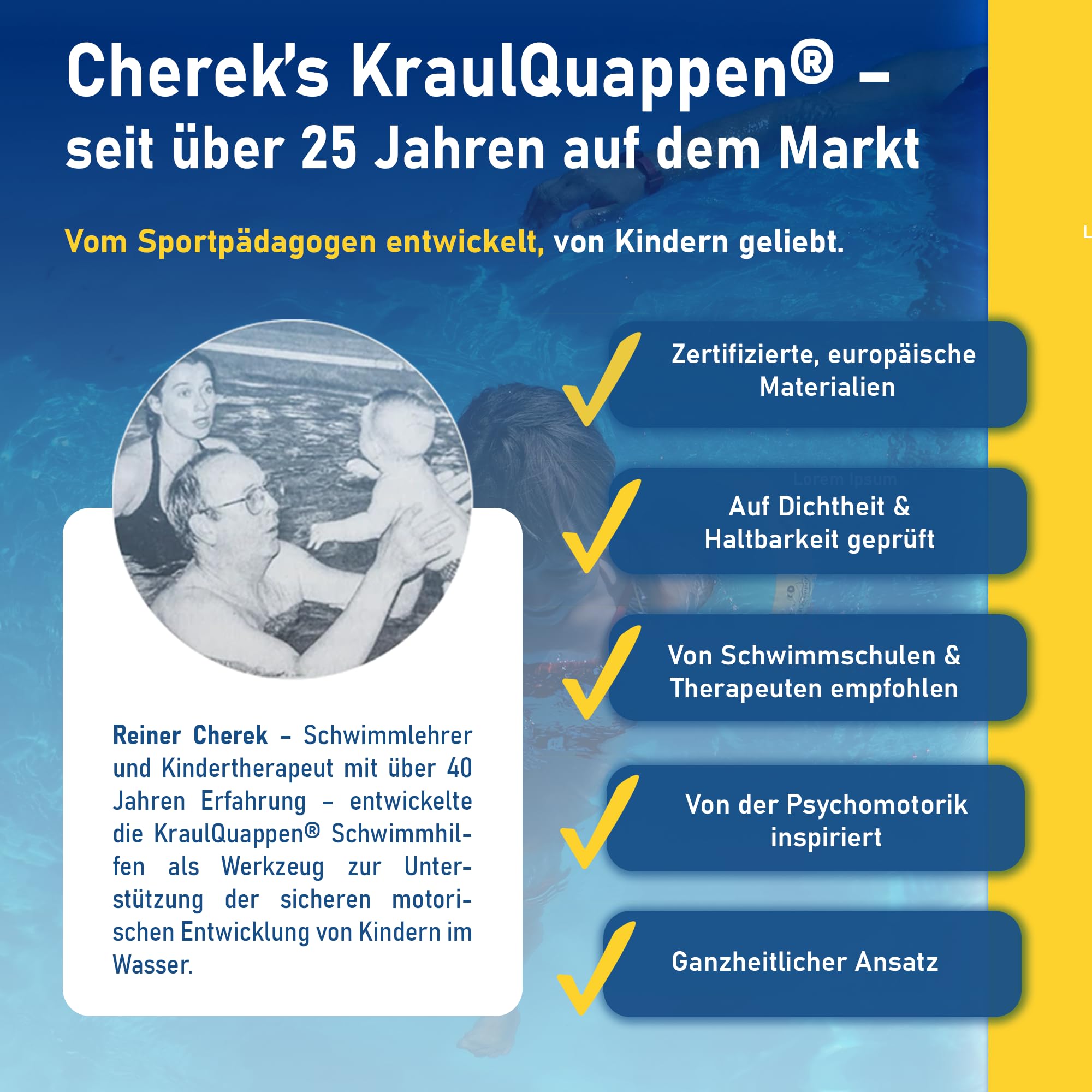 Cherek’s KraulQuappen Schwimmflügel für Anfänger - Schwimmhilfe für Säuglinge & Kleinkinder ab 7 Monat bis 30 kg Gelb-Grün